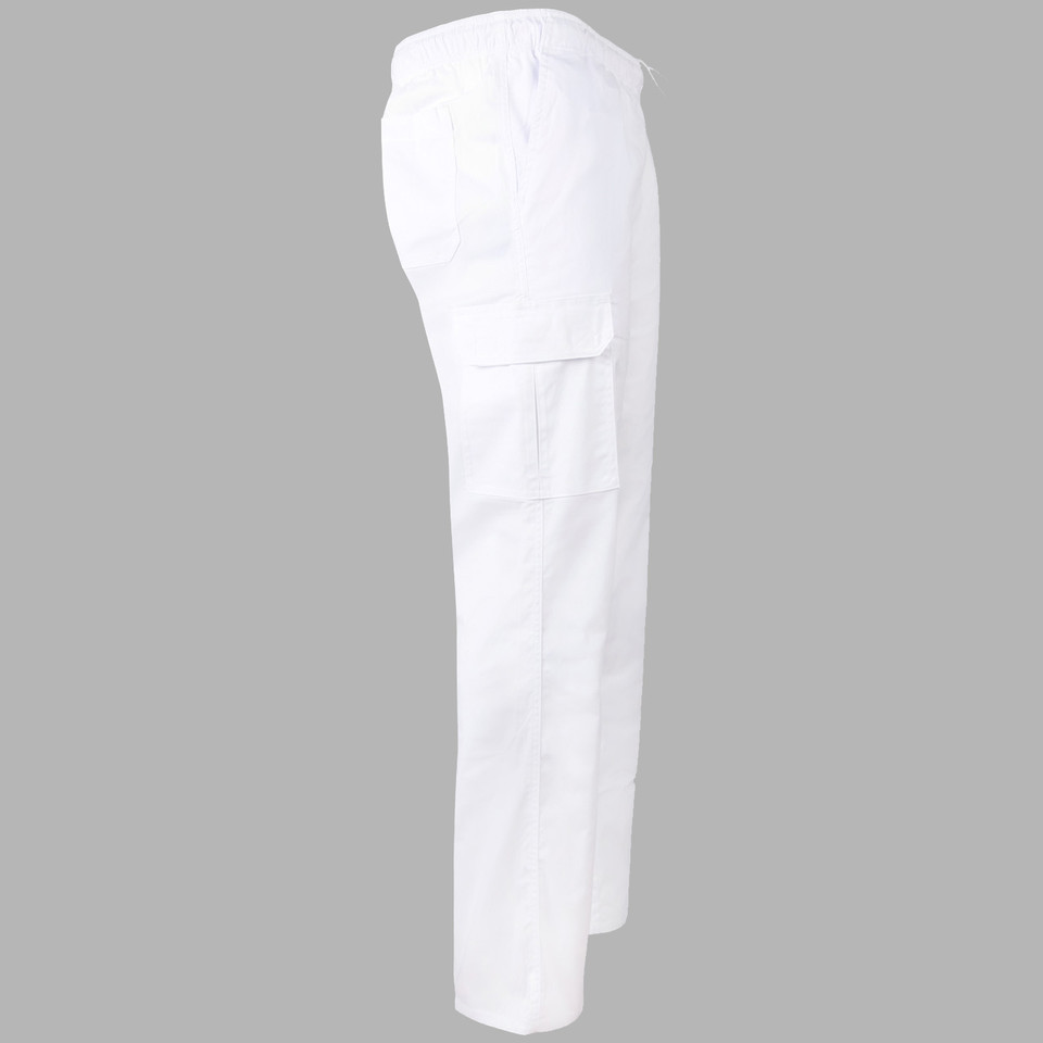 White men's cargo-style chef pants with side utility pocket, straight leg, elasticated waist, side profile packshot