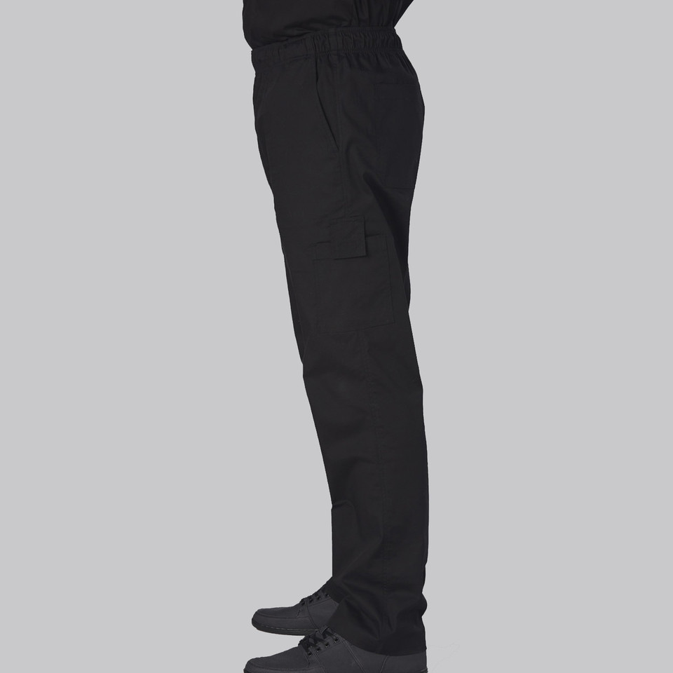 Black stretch chef pants with elastic waist and cargo pocket shown from side view