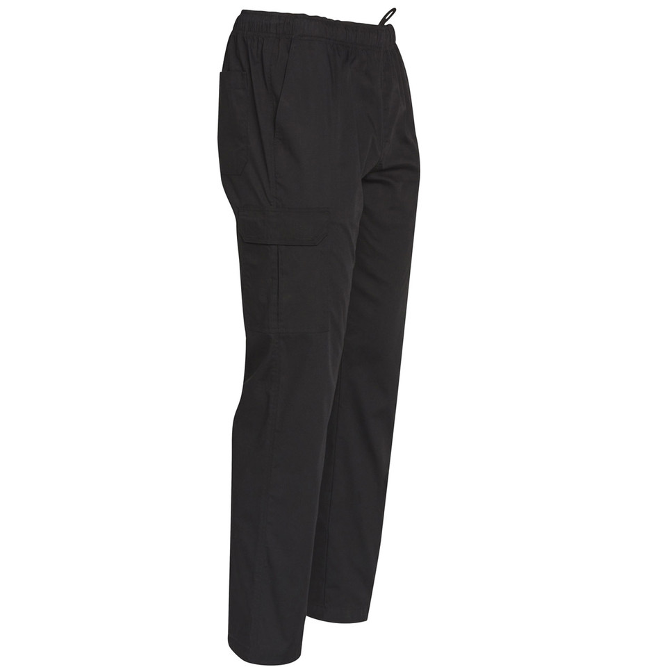 Black stretch chef pants with elastic waistband, side cargo pocket, and relaxed fit