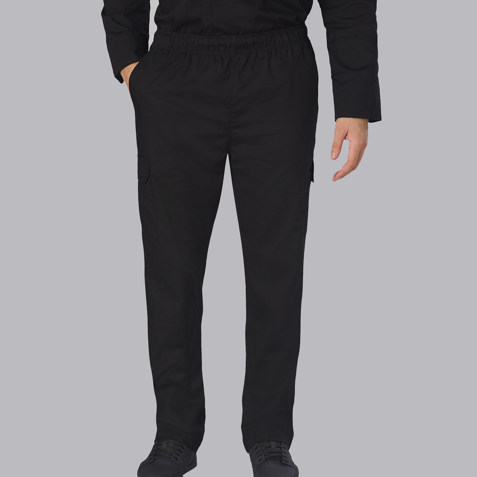 Model wearing black stretch chef pants with elastic waist, side cargo pockets and straight leg fit