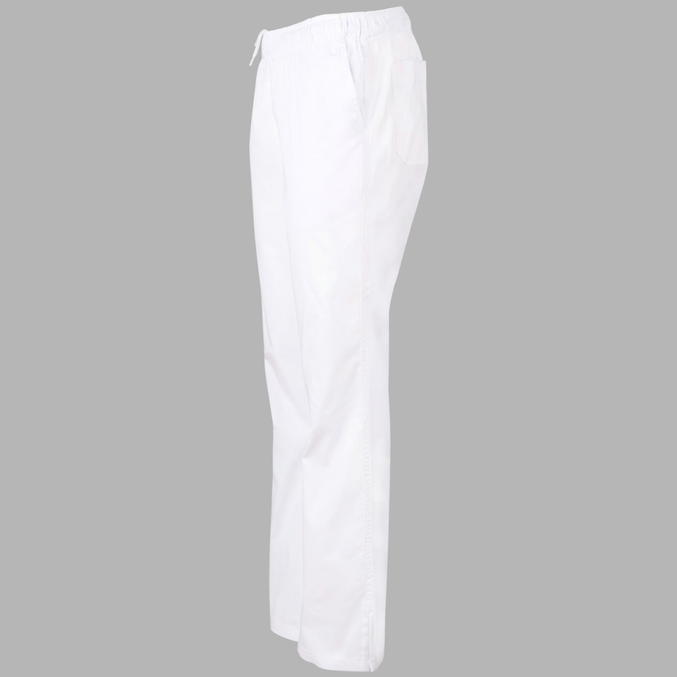 White ladies chef pants with elasticated waistband and drawstring shown in side profile