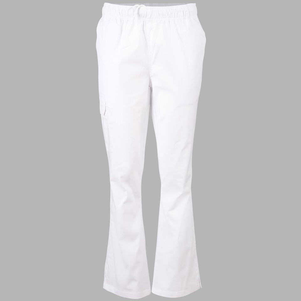 White ladies chef pants with drawstring waist and bootcut leg opening
