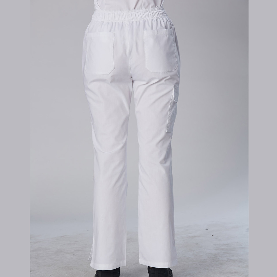 Rear view of white ladies chef pants with elastic waist, cargo side pocket and straight-leg cut on model