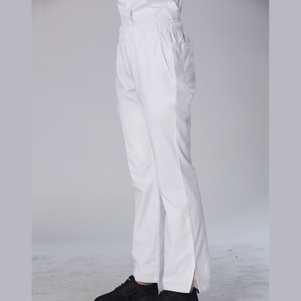White chef pants with elasticated waistband and tapered leg design