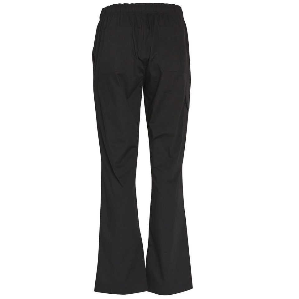 Black ladies chef pants with flared leg and elasticated waistband, rear view showing smooth fabric finish