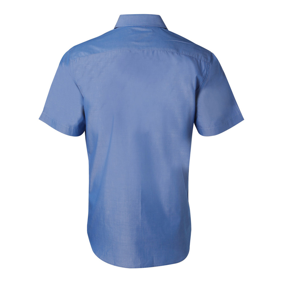 Periwinkle blue short sleeve business shirt shown from back with collar and yoke detail