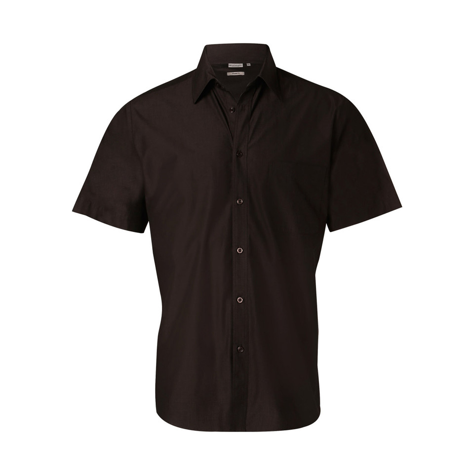 Dark chocolate short sleeve men's dress shirt with point collar, button placket, and smooth flat front panels