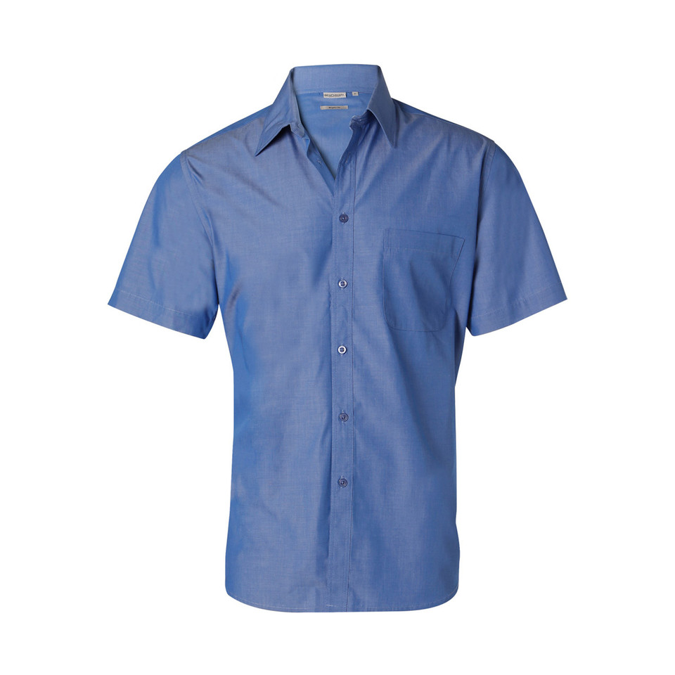 Mid-blue short sleeve men's shirt with button front, point collar and left chest pocket