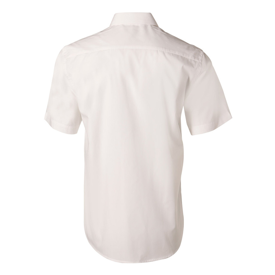 White short sleeve business shirt with back yoke detail, rear view showing smooth fabric finish