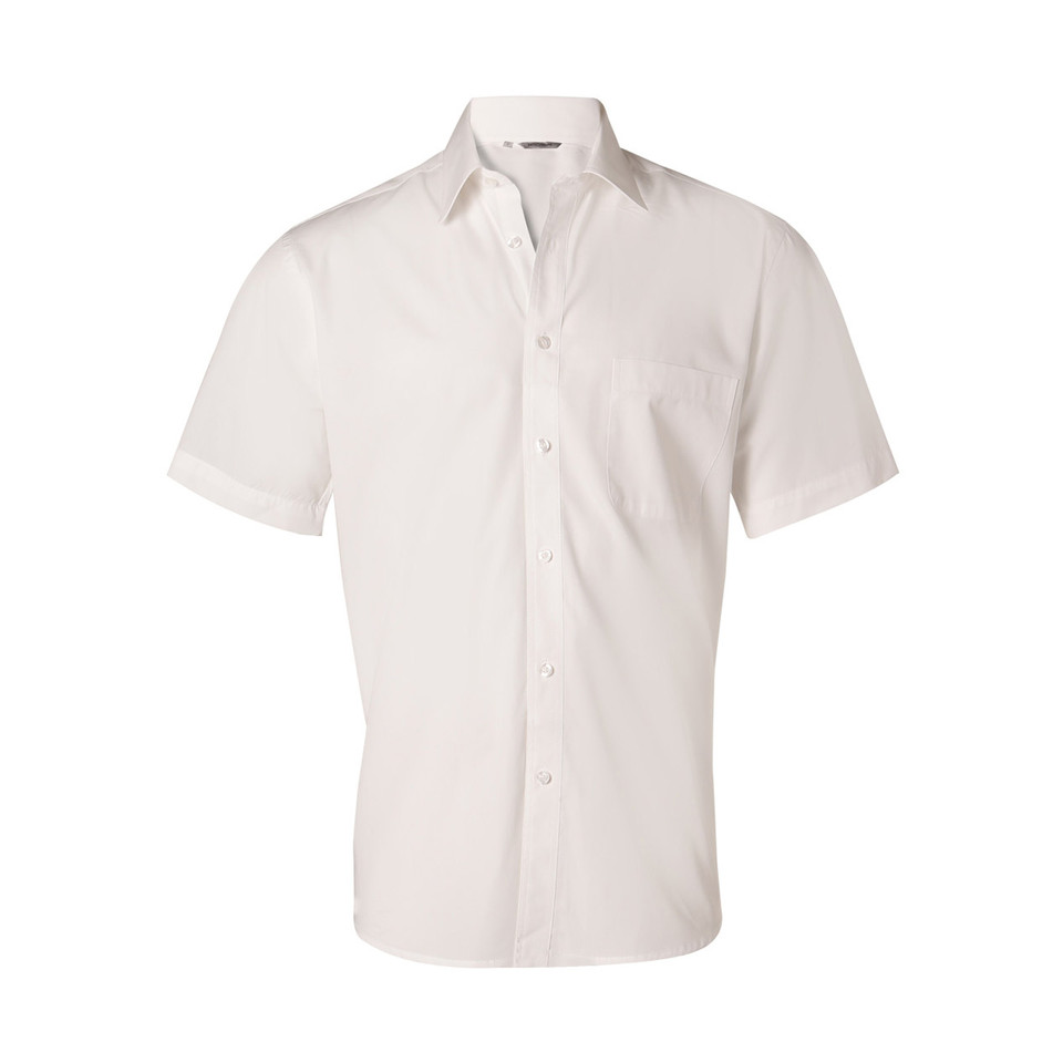 White short sleeve business shirt with chest pocket and button-down front
