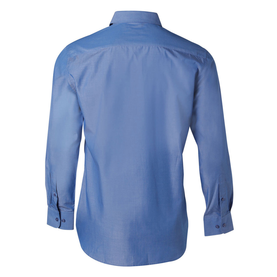 Back view of periwinkle blue long sleeve business shirt with yoke detail and button cuffs