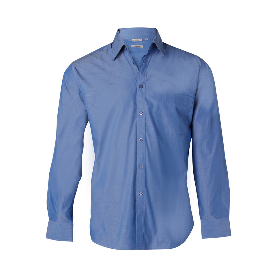 Chambray blue long sleeve business shirt with chest pocket and white button placket
