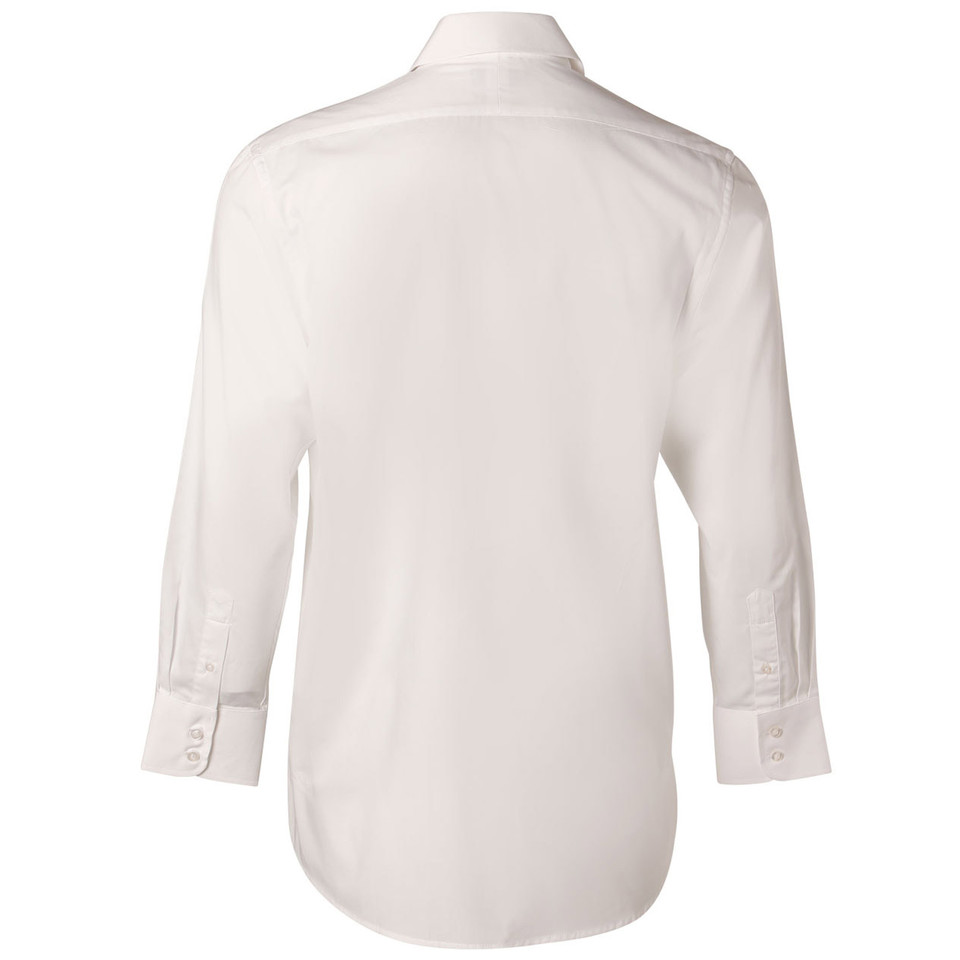 White long sleeve dress shirt back view with collar and button cuffs