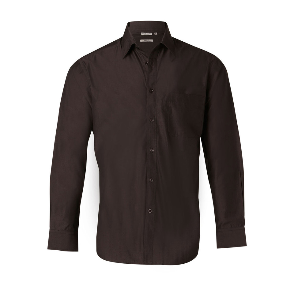 Espresso brown men's long sleeve button-up shirt with point collar, chest pocket, and smooth flat front panels