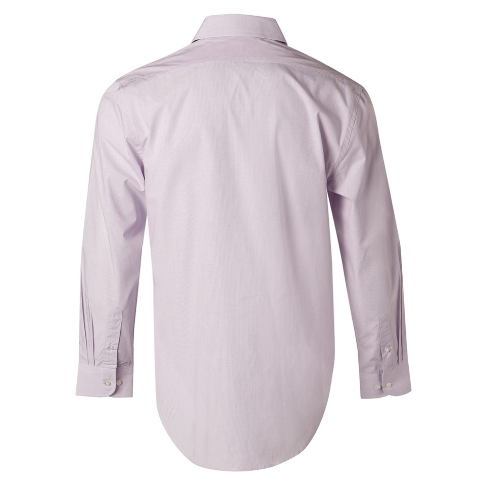 Back view of men's long sleeve dress shirt in orchid mini check with curved hem and button cuffs