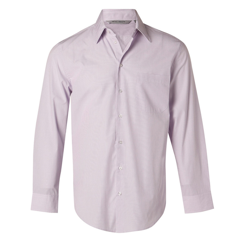 Men's lilac mini check long sleeve shirt with point collar, button placket and left chest pocket