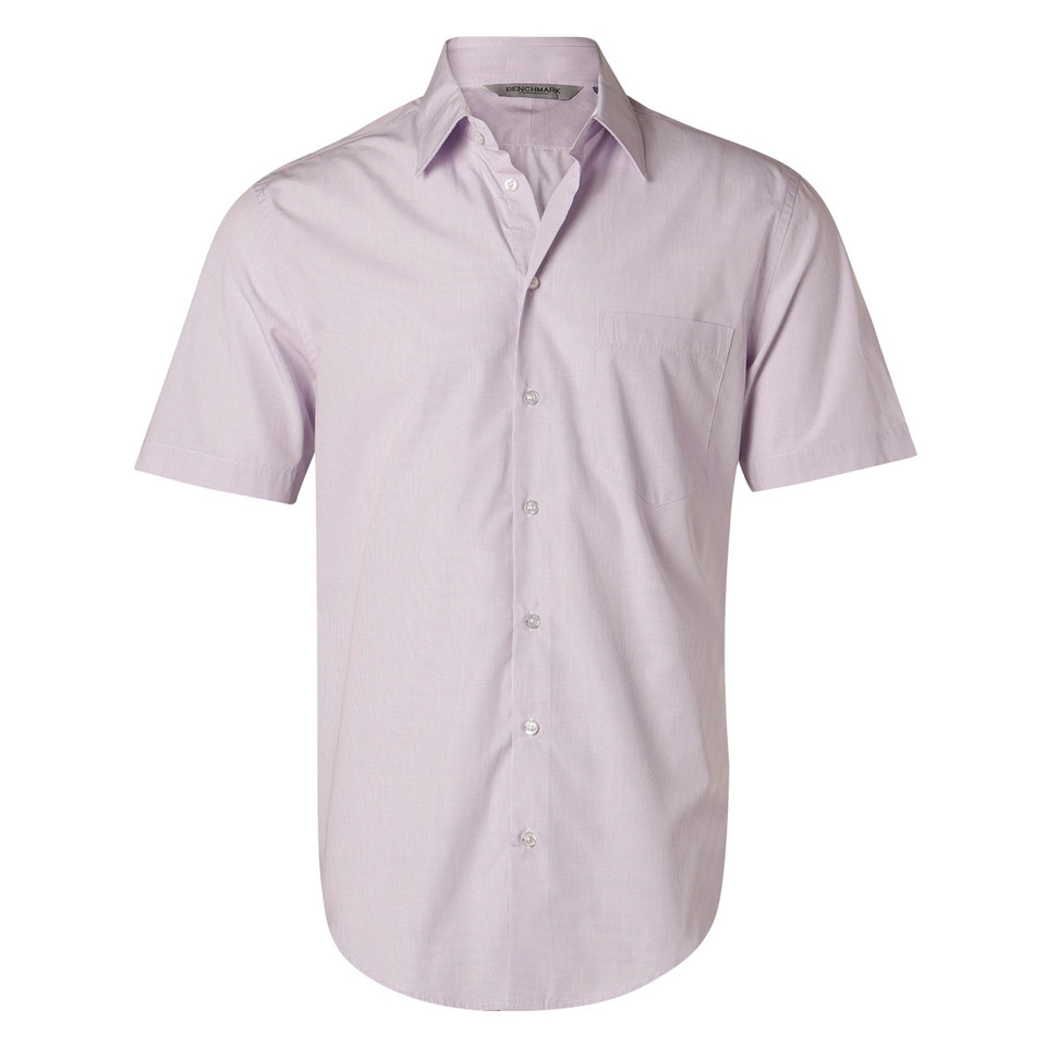 Light orchid mini check short sleeve business shirt with chest pocket and button-down collar
