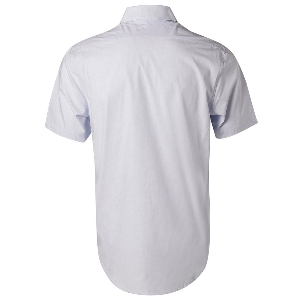 Back view of a pale blue mini check short sleeve men's dress shirt with curved hem