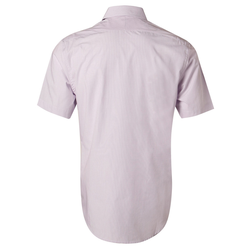 Back view of pale orchid mini check short sleeve business shirt with collar and back yoke detail