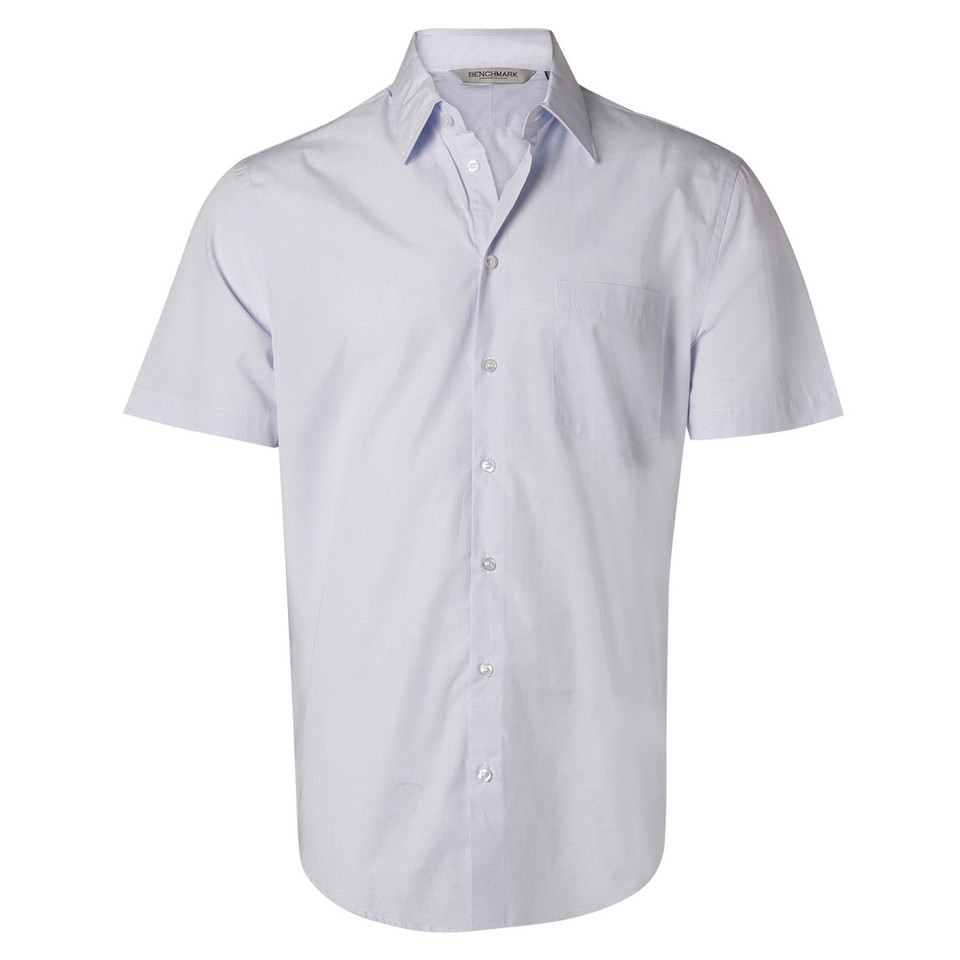 Men's pale blue mini check short sleeve shirt with button front, point collar and chest pocket