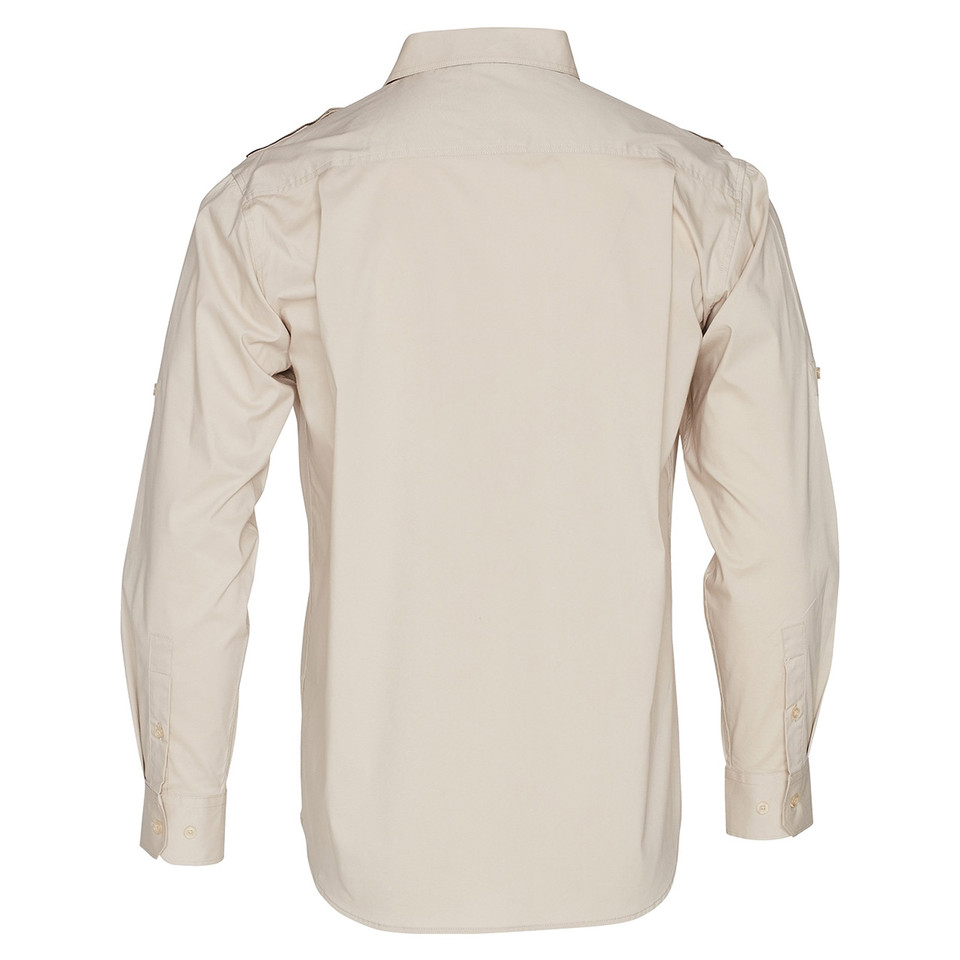 Sand CAPITOL Men's Long Sleeve Military Shirt in a structured cotton-rich fabric, featuring dual button-down chest pockets, shoulder epaulettes, and a professional tailored fit.