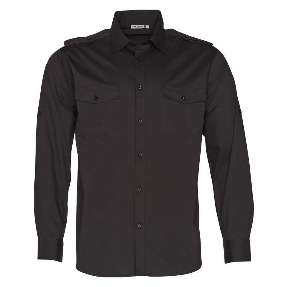 Black CAPITOL Men's Long Sleeve Military Shirt in a structured cotton-rich fabric, featuring dual button-down chest pockets, shoulder epaulettes, and a professional tailored fit.