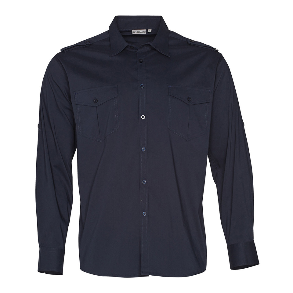 Navy long sleeve military shirt with button front closure, dual chest flap pockets and shoulder epaulettes