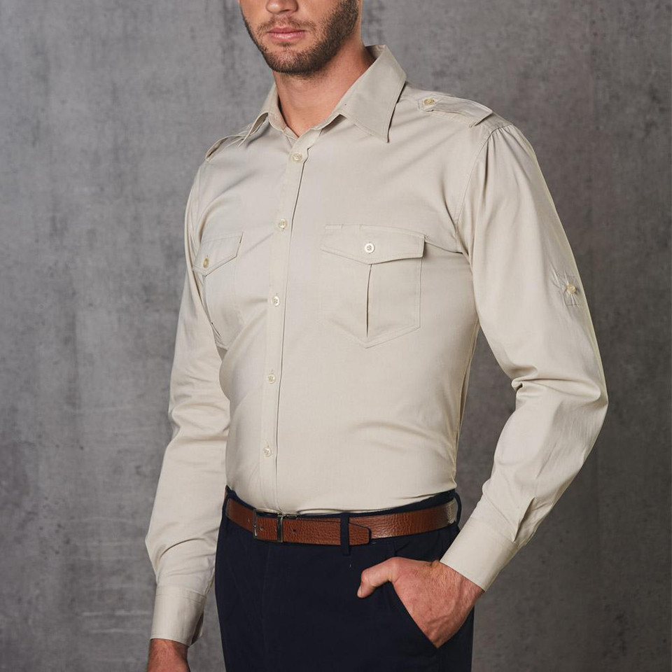CAPITOL Men's Long Sleeve Military Shirt in a structured cotton-rich fabric, featuring dual button-down chest pockets, shoulder epaulettes, and a professional tailored fit.