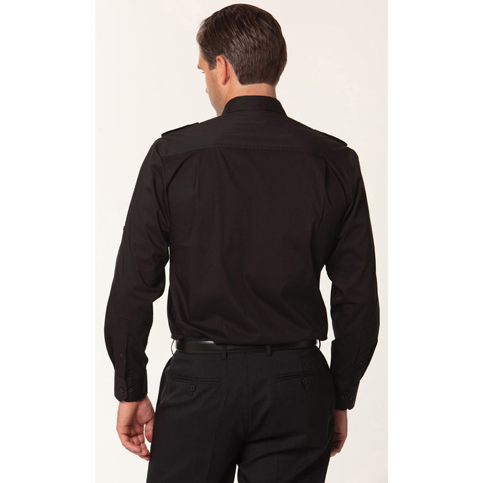 CAPITOL Men's Long Sleeve Military Shirt in a structured cotton-rich fabric, featuring dual button-down chest pockets, shoulder epaulettes, and a professional tailored fit.