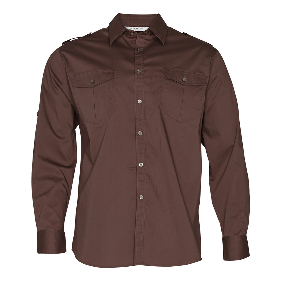 Mocha Brown CAPITOL Men's Long Sleeve Military Shirt in a structured cotton-rich fabric, featuring dual button-down chest pockets, shoulder epaulettes, and a professional tailored fit.