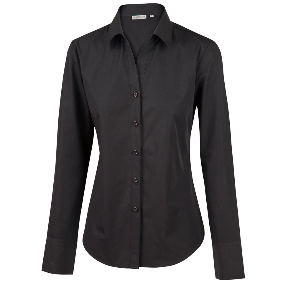 Charcoal grey women's long sleeve business shirt with collar and button-front placket