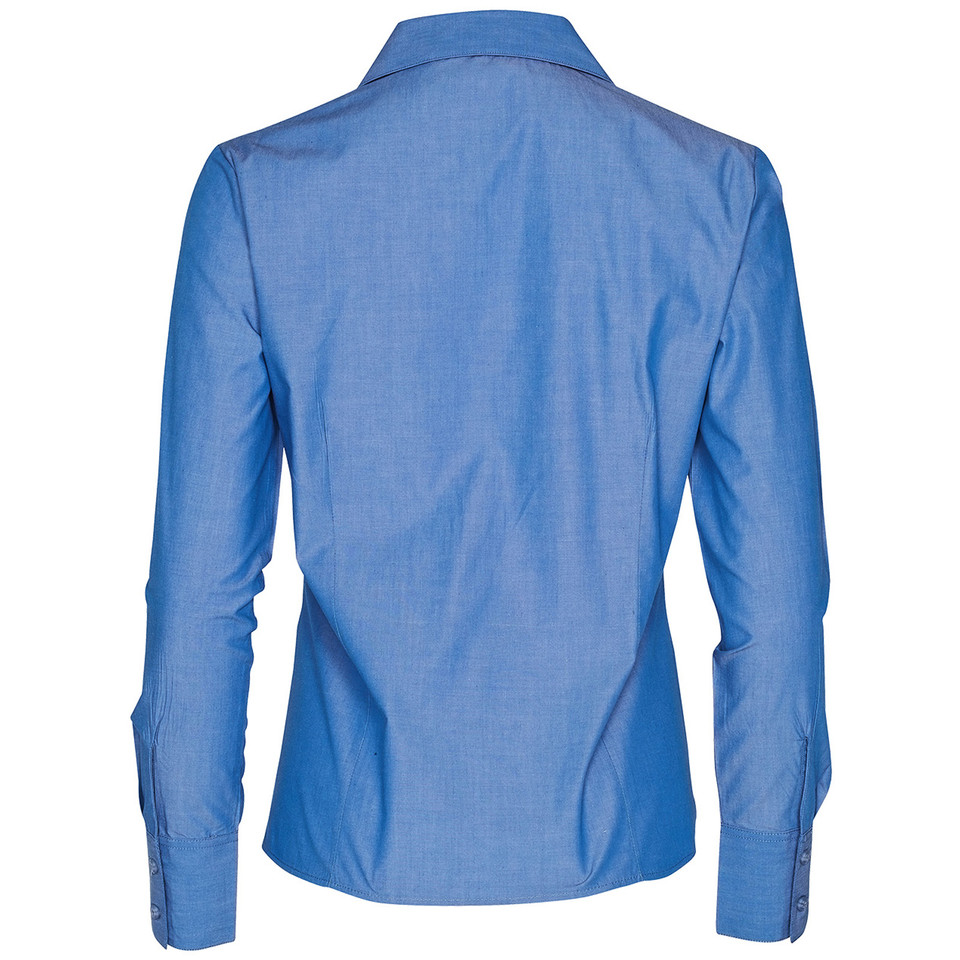 Sky blue ladies business shirt with collar and long sleeves shown from back view