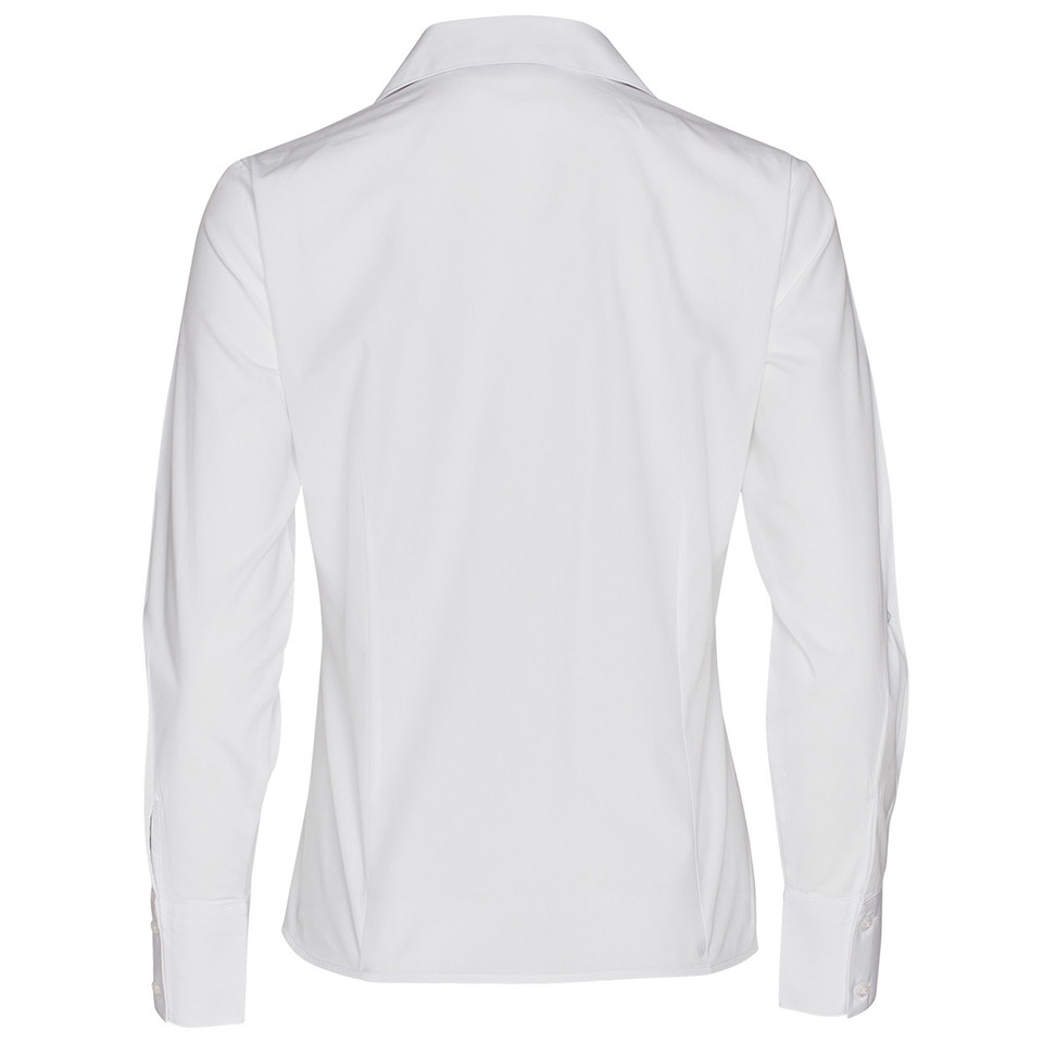 Back view of white ladies long sleeve shirt with fitted silhouette, button cuffs and spread collar
