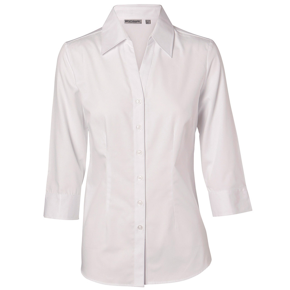 White | Bulk Buy Blank Womens Nano Tech Silk 3/4 Sleeve Business Shirts
