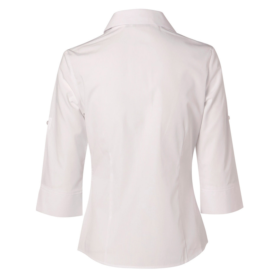 White three-quarter sleeve shirt with crisp collar and button-through back, rear view showing smooth fabric finish