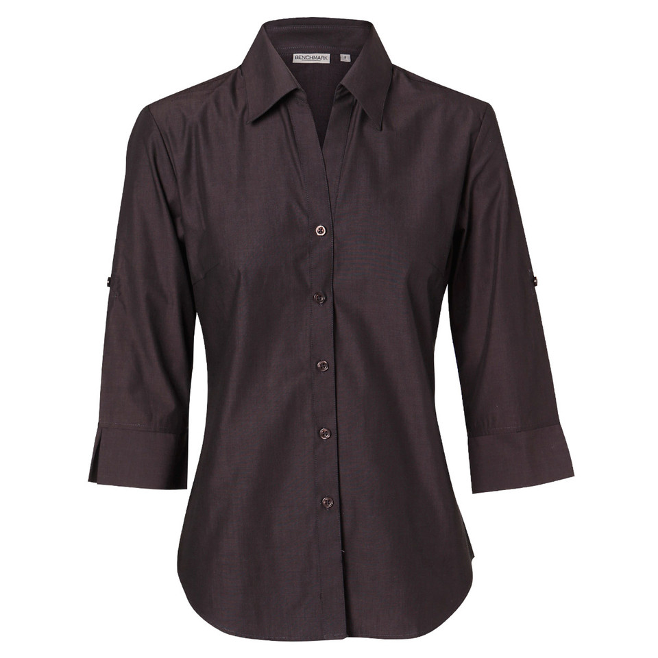 Deep chocolate women's button-up shirt with 3/4 roll-tab sleeves, point collar and curved hem
