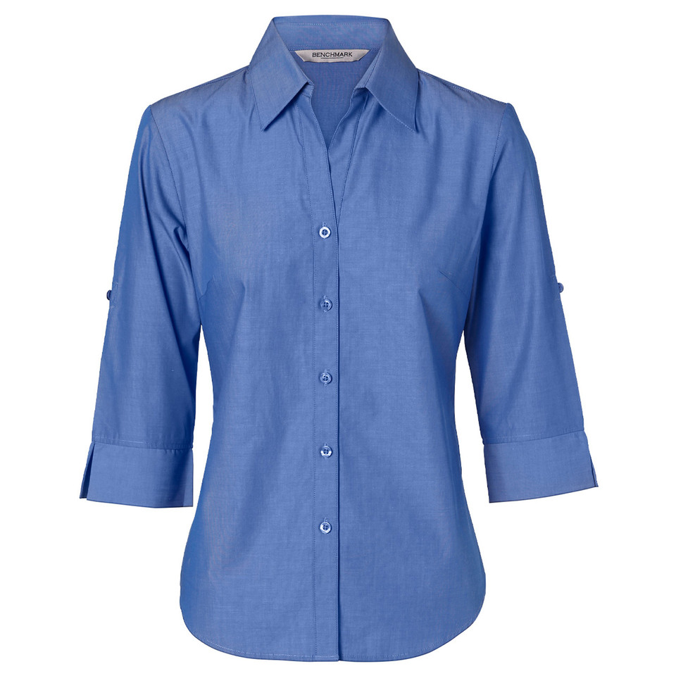 French blue ladies 3/4 sleeve button-up shirt with fold-back cuffs, point collar, and fine chambray-look weave