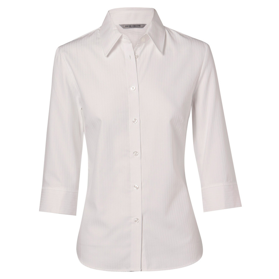 White ladies 3/4 sleeve button-front shirt with pointed collar and subtle herringbone texture