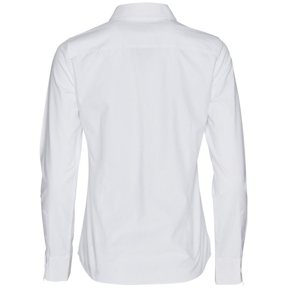 White women's long sleeve Oxford shirt with collar, back view showing smooth finish and tailored fit