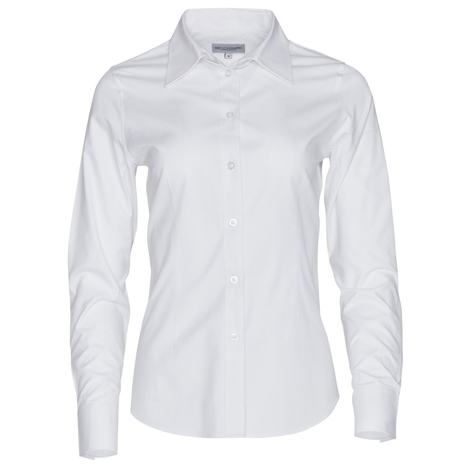White HARPER Ladies CVC Oxford Long Sleeve Shirt featuring a high-quality cotton-rich blend, tailored feminine silhouette, and a crisp Oxford weave ideal for corporate uniforms and professional office wear.