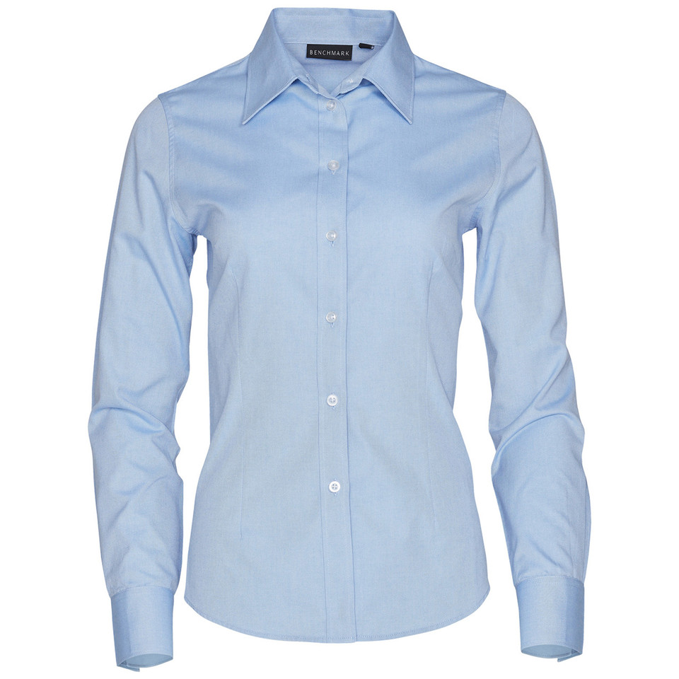 Blue HARPER Ladies CVC Oxford Long Sleeve Shirt featuring a high-quality cotton-rich blend, tailored feminine silhouette, and a crisp Oxford weave ideal for corporate uniforms and professional office wear.