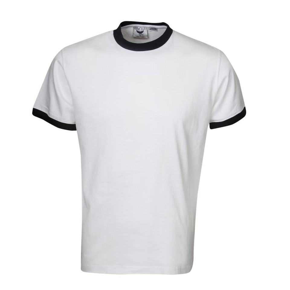 White cotton t-shirt with contrasting black crew neck and sleeve trims in slim fit style