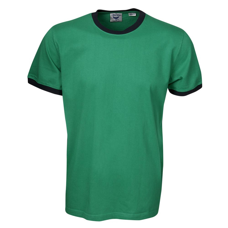 Kelly green cotton t-shirt with contrasting navy trim on crew neck and sleeve cuffs