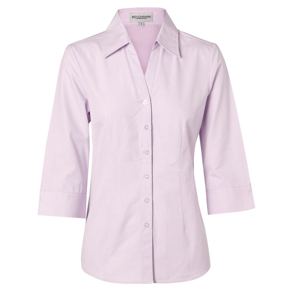 Soft lilac ladies button-front shirt with three-quarter sleeves, V-neckline, spread collar, and chest pocket