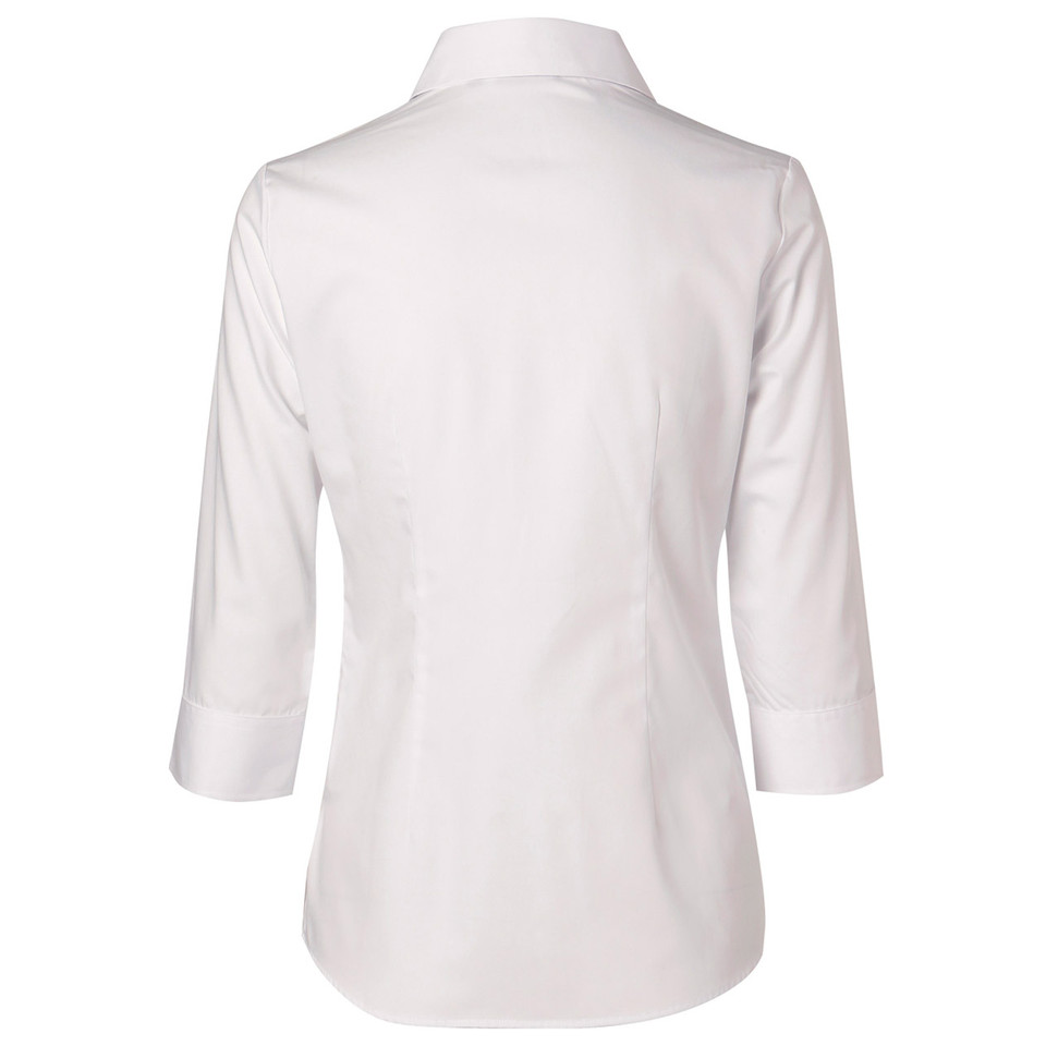 White cotton-polyester Oxford shirt with three-quarter sleeves and collar, back view showing smooth finish