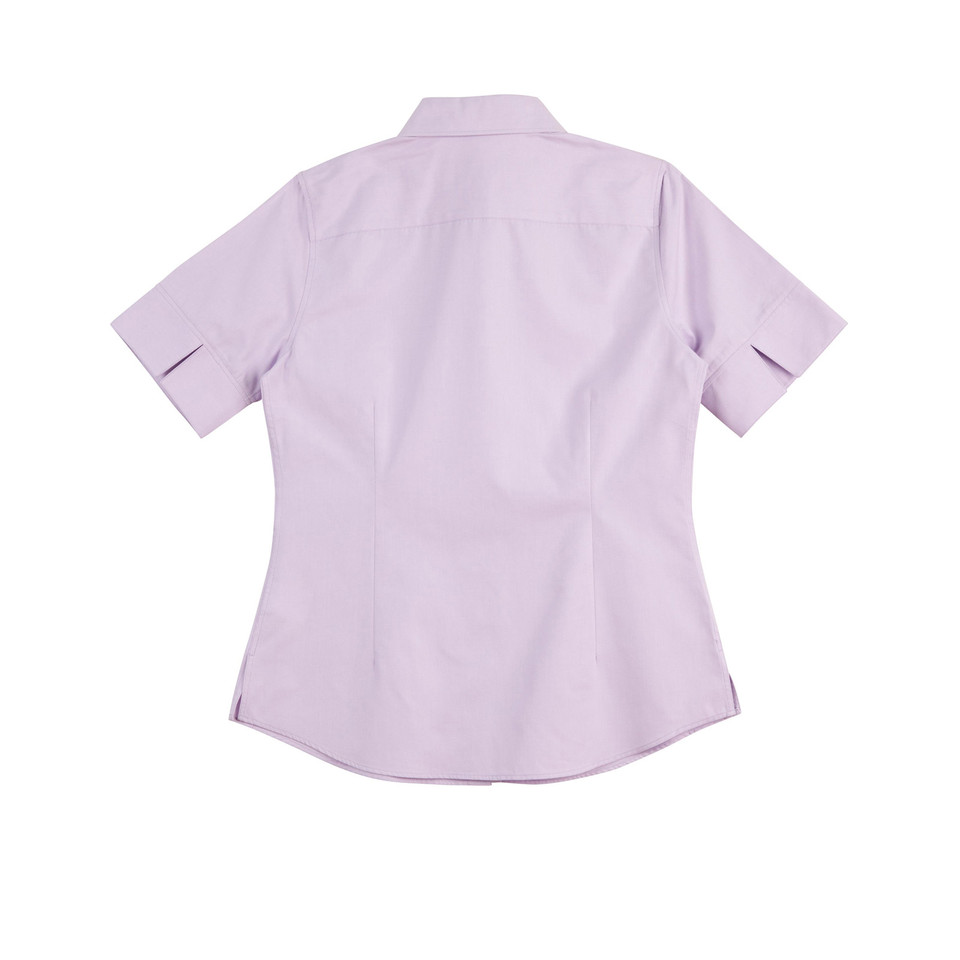 Back view of lilac short sleeve Oxford shirt with collar and curved hem