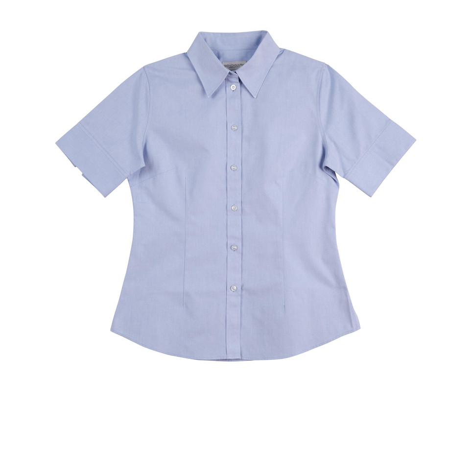 Women's pale blue short sleeve button-up shirt with point collar, tailored fit and cuffed sleeves, flat lay