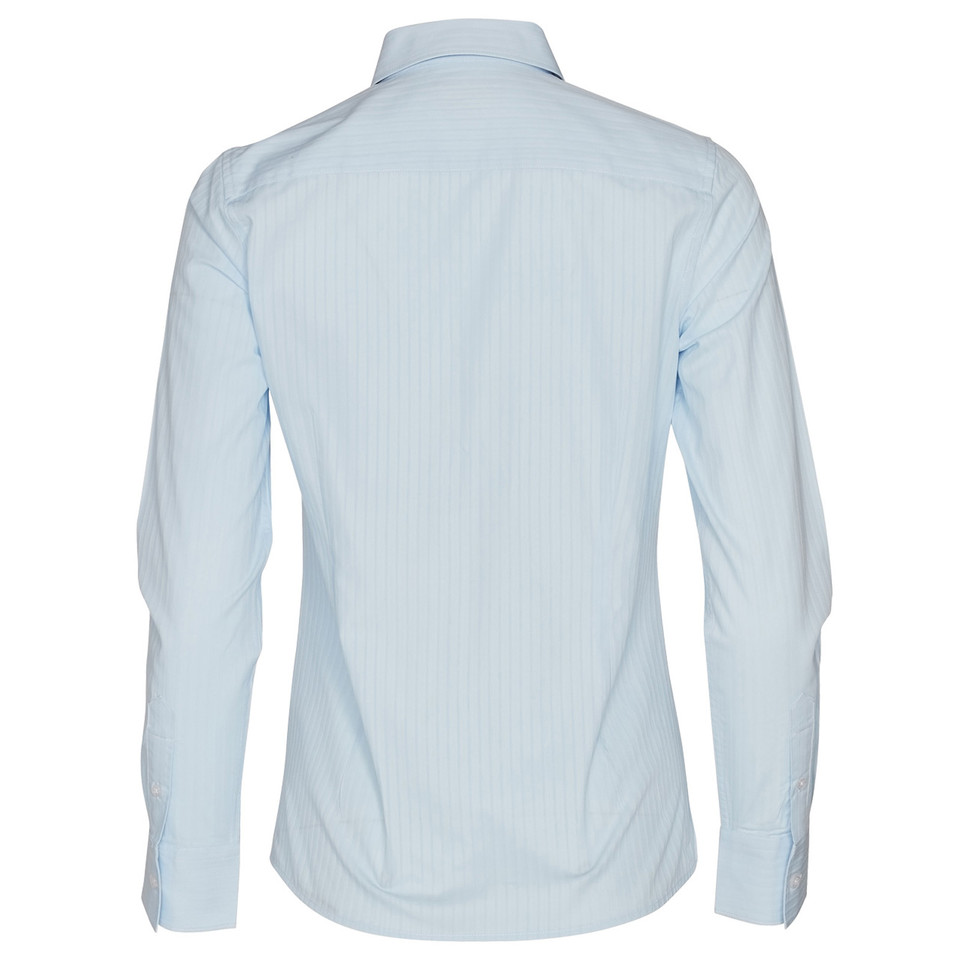 Back view of a pale blue self-stripe long sleeve women's shirt with button cuffs