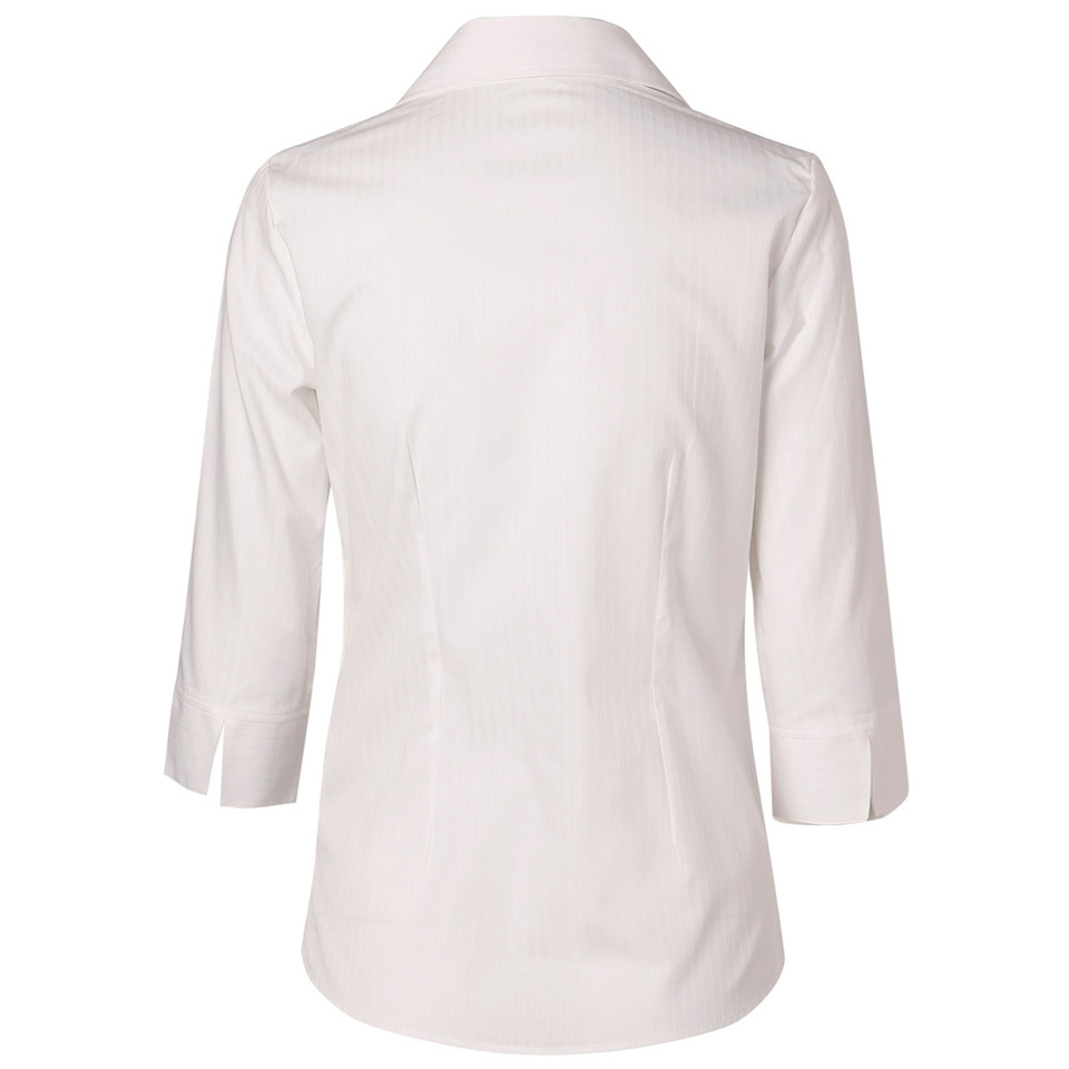 White ladies shirt with collar and three-quarter sleeves shown from back with subtle self-stripe texture