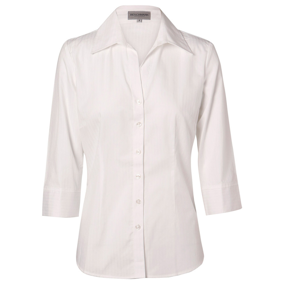 Pale White Kelsey Ladies Self Stripe CVC 3/4 Sleeve Shirt, a textured corporate blouse with subtle vertical stripes, ideal for professional uniforms.